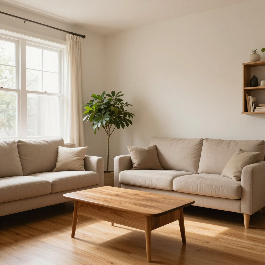 Luminoso salón con dos sofás beige, una mesa de centro de madera, una planta en maceta y luz solar que entra por una ventana.
