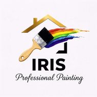 Logotipo de IRIS Professional Painting con pincel y pintura de arcoíris bajo el contorno de un tejado.
