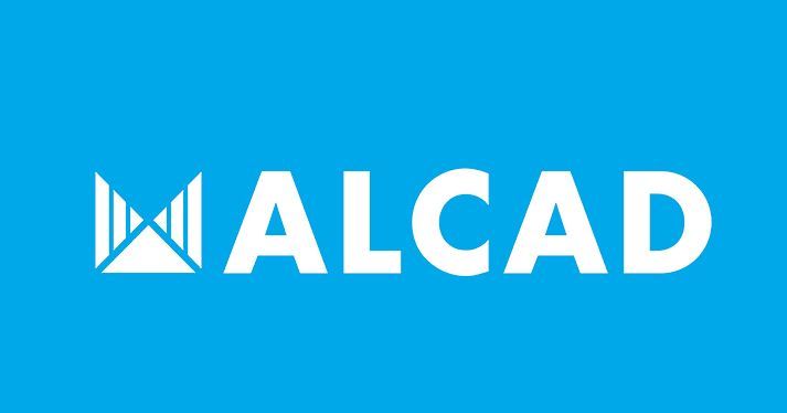 Un logotipo azul y blanco para Malcad sobre un fondo azul.