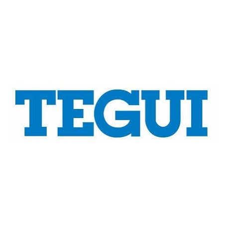 El logotipo de Tegui es azul y blanco sobre un fondo blanco.