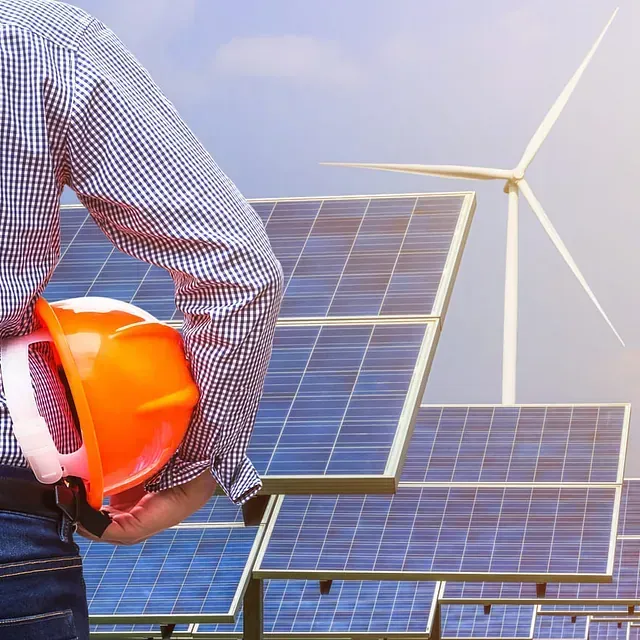 Un hombre sostiene un casco naranja frente a un panel solar y una turbina eólica.