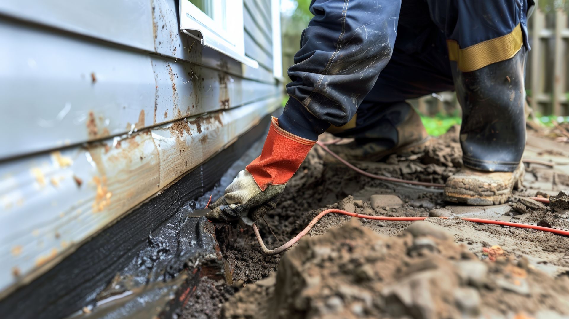 Person mit Handschuhen arbeitet am Sockel eines Hauses