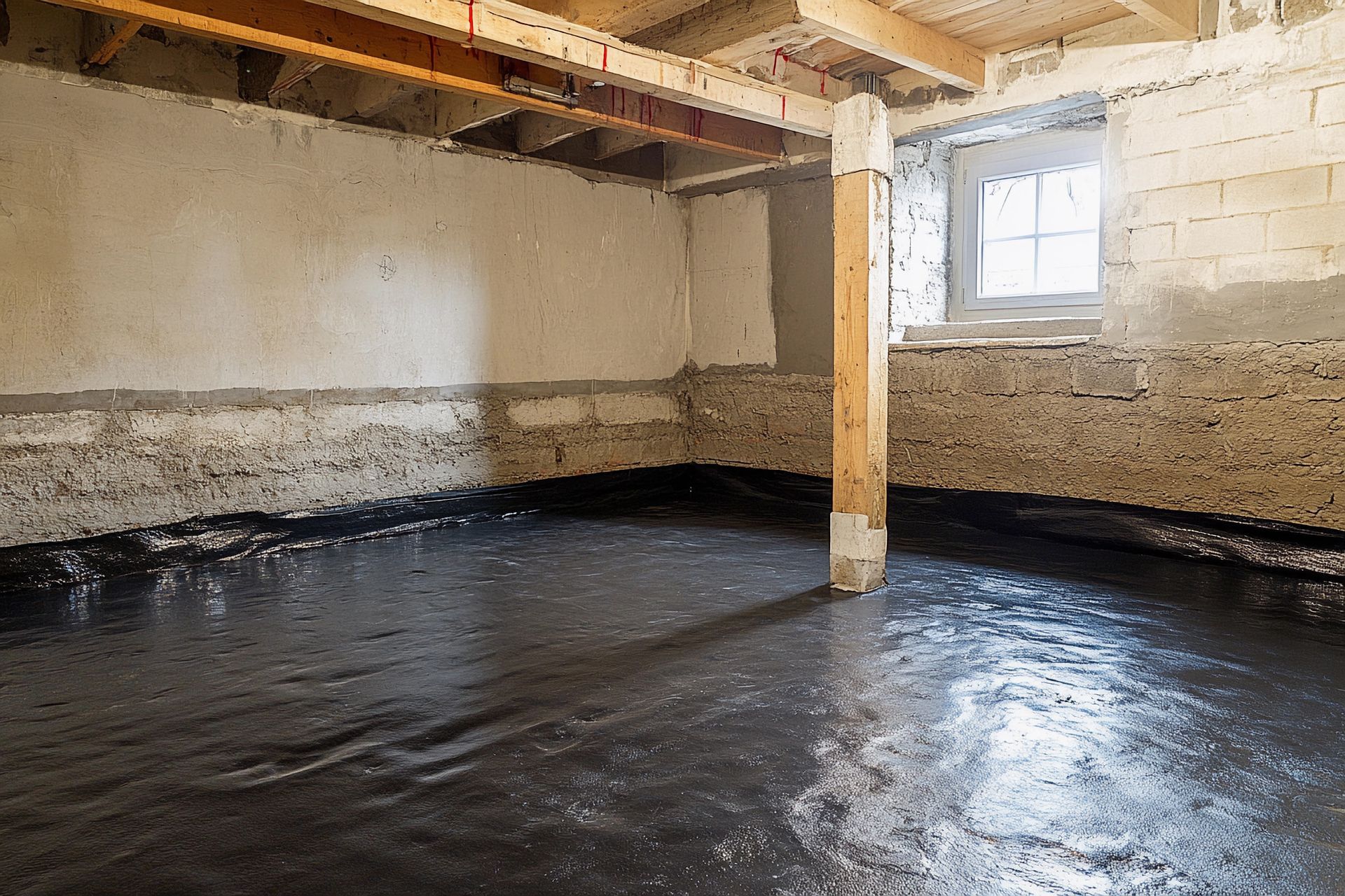 Ein leerer Keller mit einem Betonboden und einem Fenster.