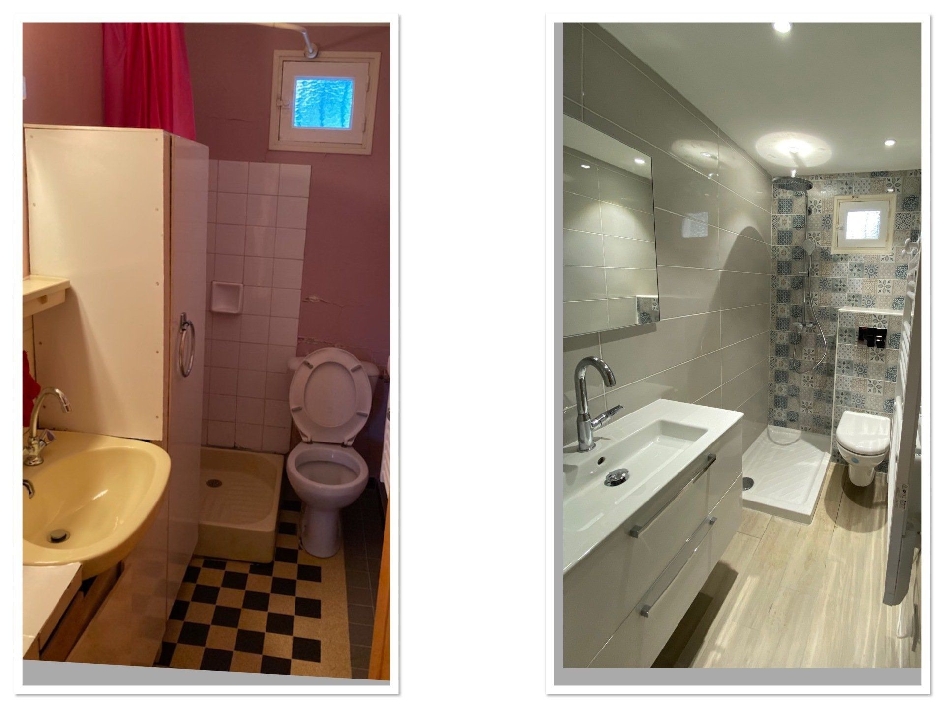 Salle de bain rénové avant/ après mosaïque