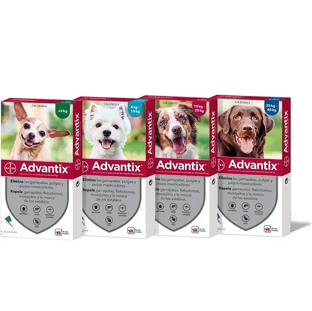 Un juego de cuatro cajas de Advantix para perros.