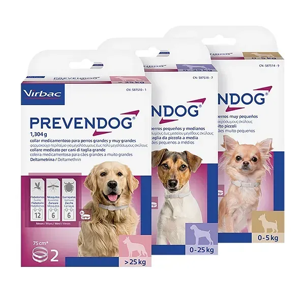 Tres cajas de preventdog para perros de diferentes tamaños