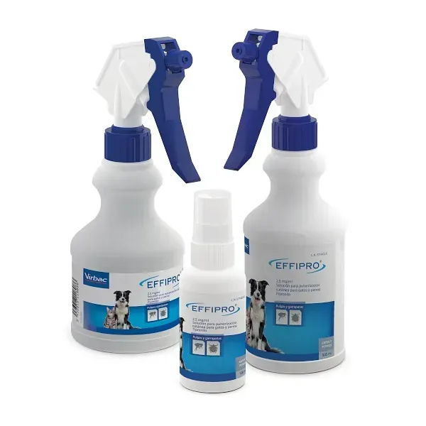 Tres botellas de Effipro están una al lado de la otra.