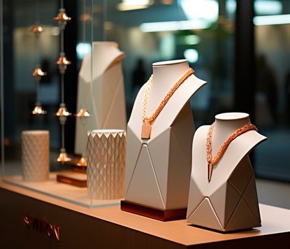 Una exhibición de collares y jarrones en el escaparate de una tienda.