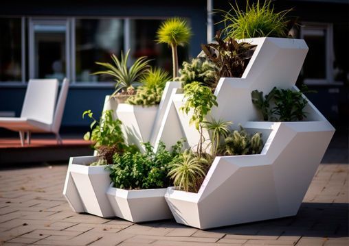 Una jardinera blanca llena de muchas plantas está colocada en una acera.