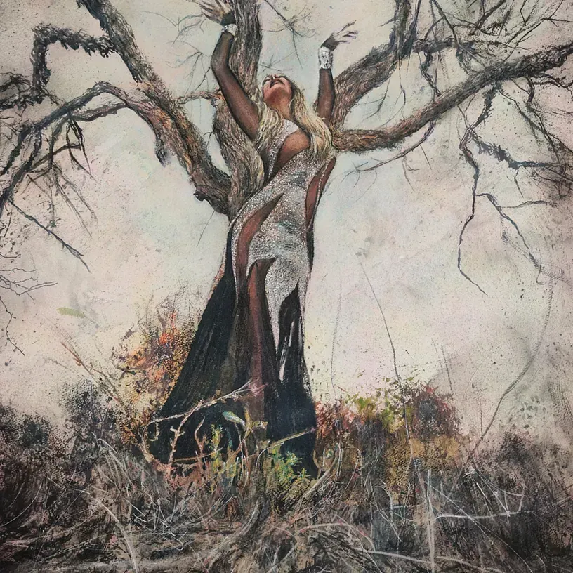 Una pintura de una mujer parada frente a un árbol.