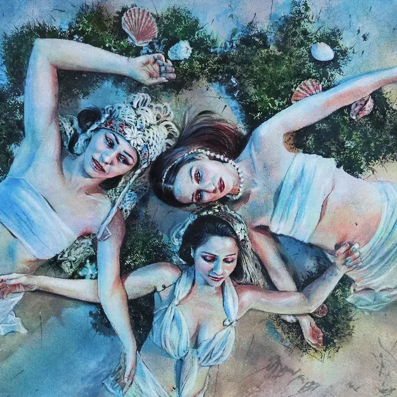 Una pintura de tres mujeres tendidas en círculo en el suelo.