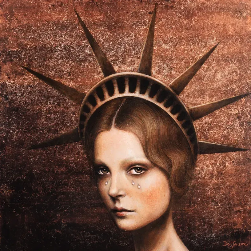 Una pintura de una mujer con una corona de la Estatua de la Libertad.