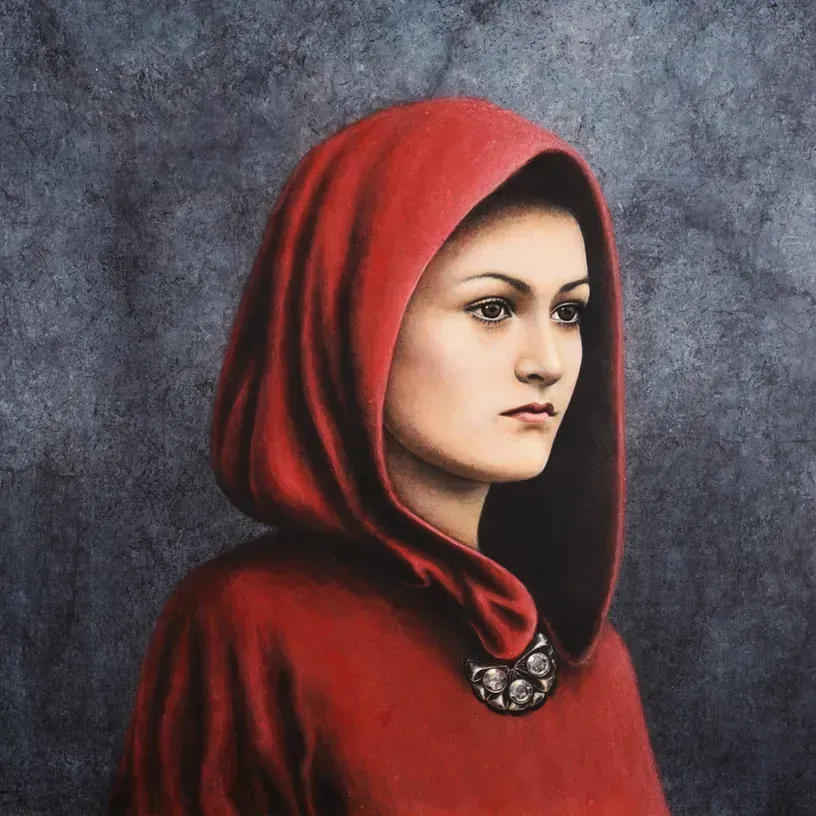 Una pintura de una mujer con una capucha roja.