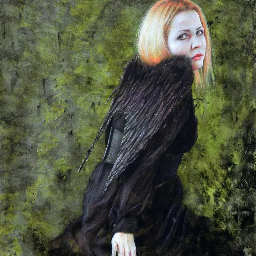 Una pintura de una mujer con un vestido negro y alas.
