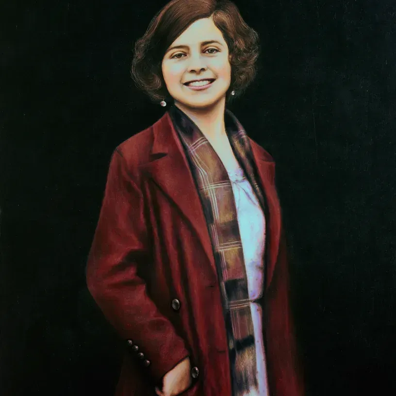 Un cuadro de una mujer con un abrigo rojo y una bufanda.