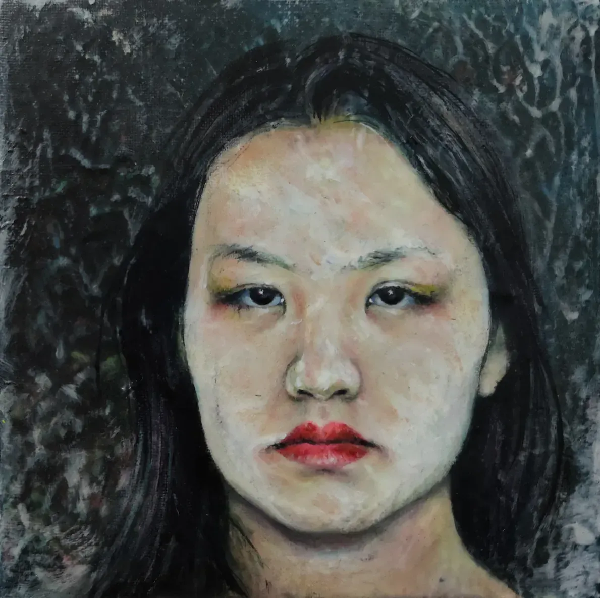 Un cuadro de una mujer con pelo largo y labios rojos.