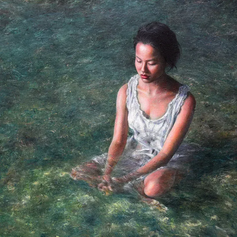 Una mujer con un vestido blanco está sentada en el agua.