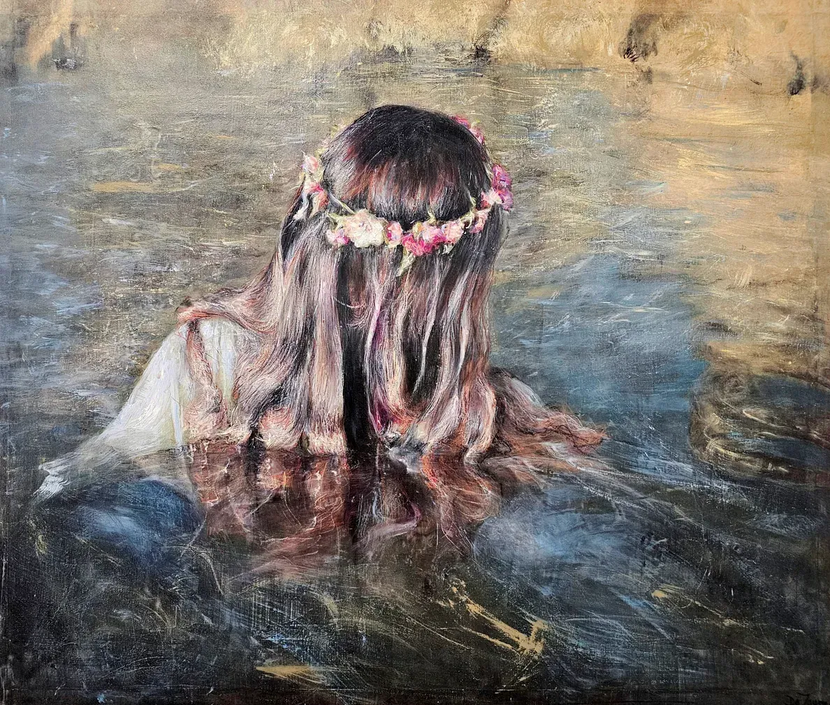 Una pintura de una mujer en el agua con una corona de flores en la cabeza.