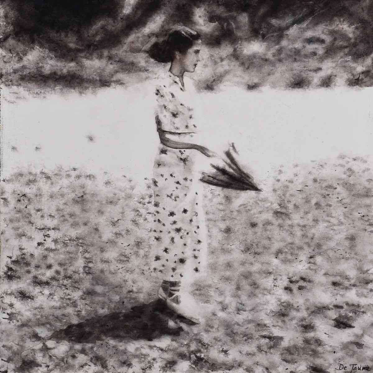 Una pintura en blanco y negro de una mujer sosteniendo un paraguas.