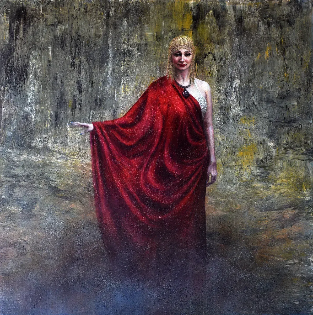 Una pintura de una mujer con un vestido rojo