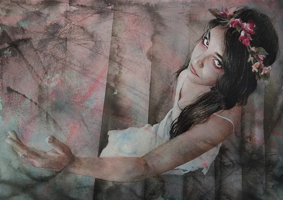 Una pintura de una mujer con una corona de flores en la cabeza.