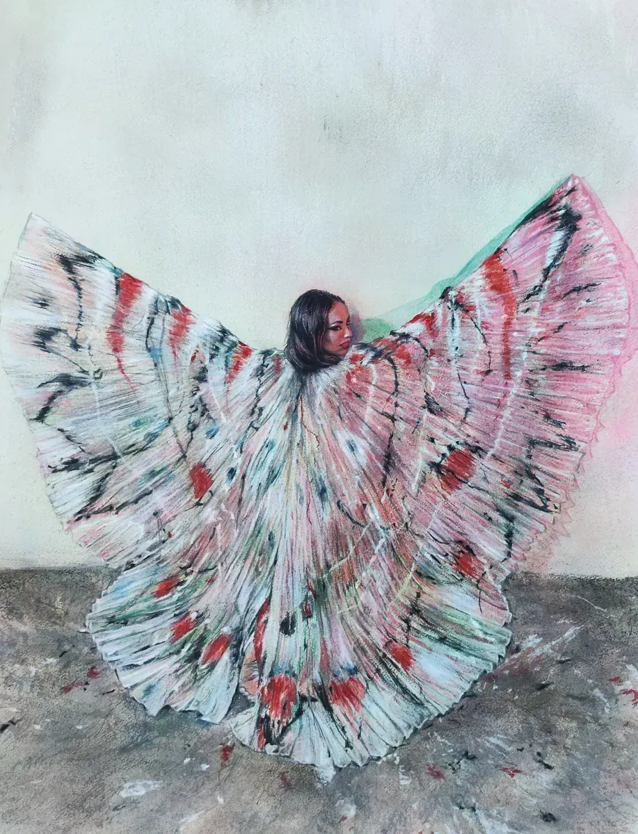 Es una pintura de una mujer con un vestido colorido.