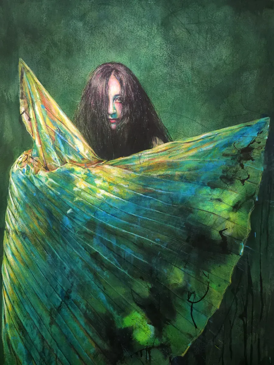 Un cuadro de una mujer envuelta en un pañuelo verde y azul.