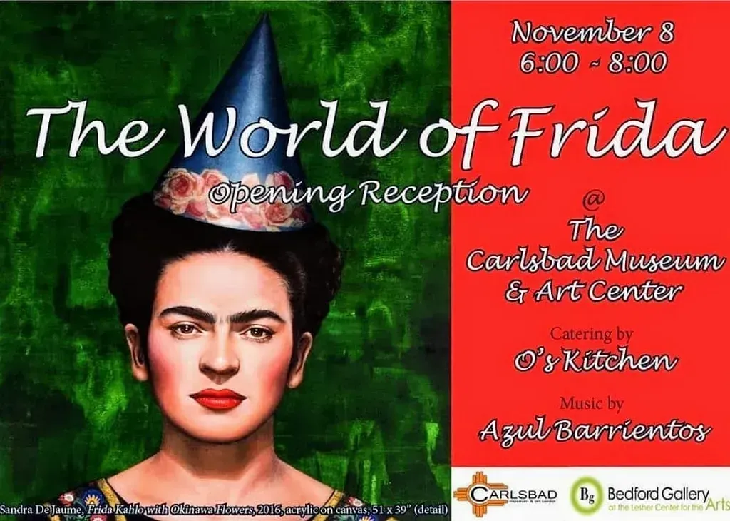 Un cartel para el mundo de Frida que muestra a una mujer con un sombrero de fiesta.
