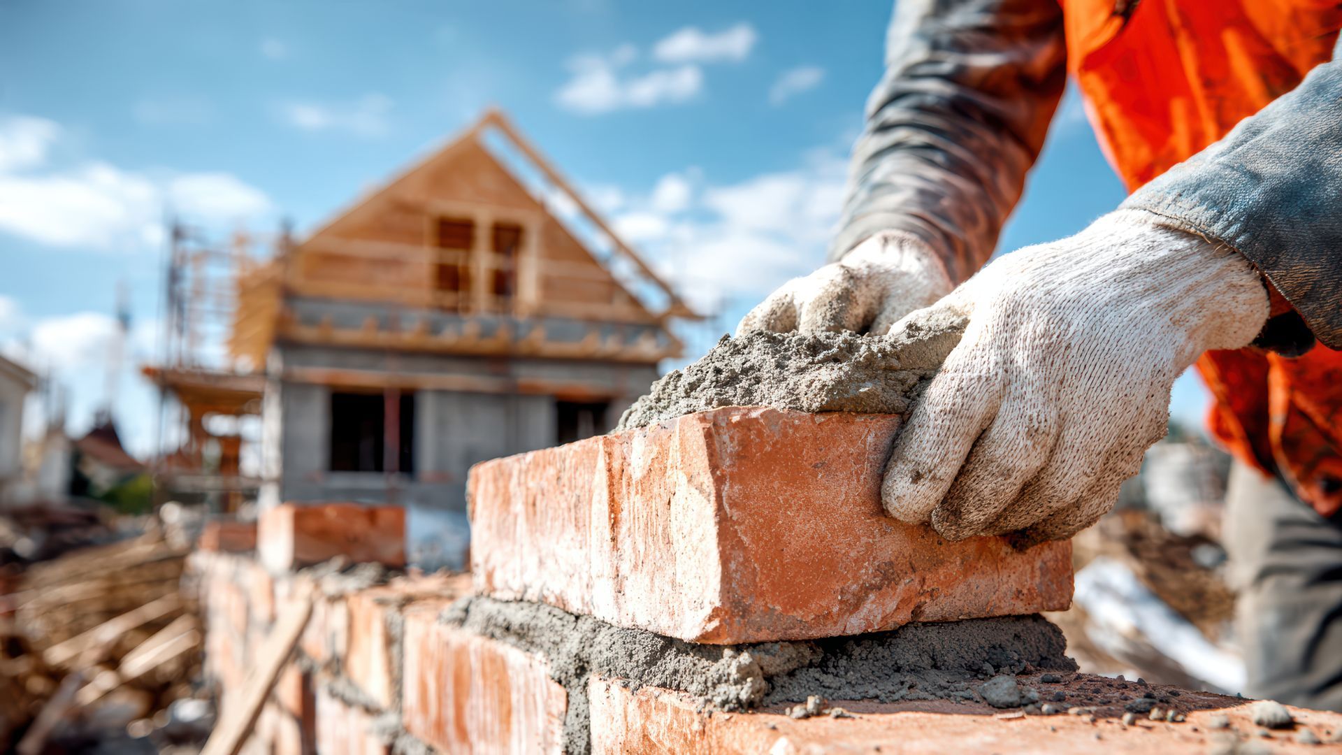 Un ouvrier pose des briques sur un chantier de construction de maison, avec une maison partiellement construite en arrière-plan.