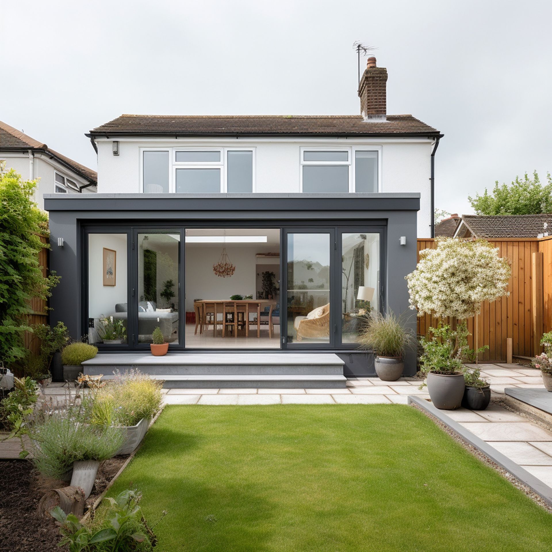 Maison moderne à deux étages avec portes vitrées à cadre noir s'ouvrant sur un patio et une pelouse verte à l'avant.