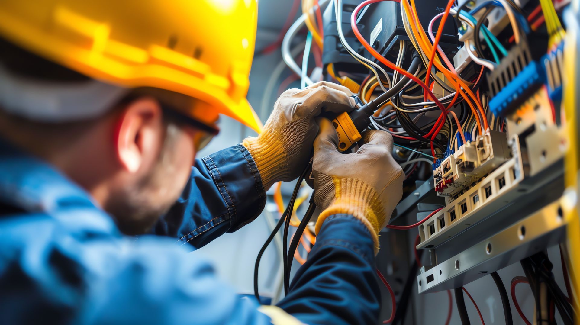 Électricien portant un casque de chantier jaune, effectuant le câblage d'un tableau électrique encombré à l'aide d'outils et de câbles.