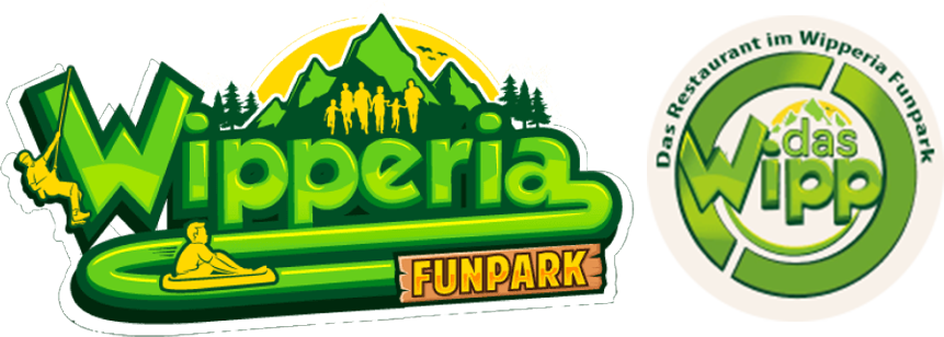 Das Logo des Wipperia Funparks in Grün und Gelb mit einem kreisförmigen „das Wipp“-Emblem und einem kleinen Rutschensymbol