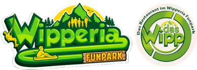 Das Logo des Wipperia Funparks in Grün und Gelb mit einem kreisförmigen „das Wipp“-Emblem und einem kleinen Rutschensymbol