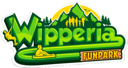 Logo des Wipperia Funparks in Grün und Gelb mit einem Berg, Bäumen und einem Wasserrutschen-Symbol