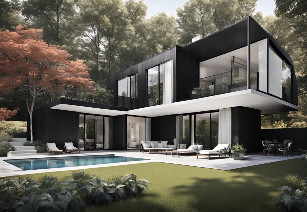 Una casa en blanco y negro con piscina en el patio trasero.