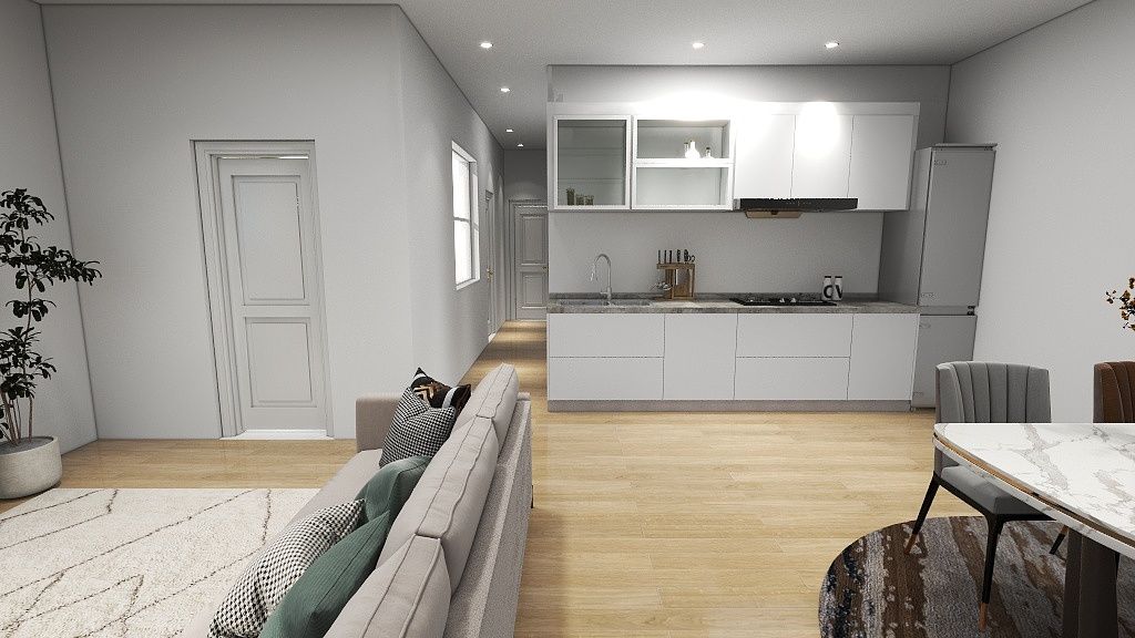 Una sala de estar con sofá, mesa, sillas y una cocina.