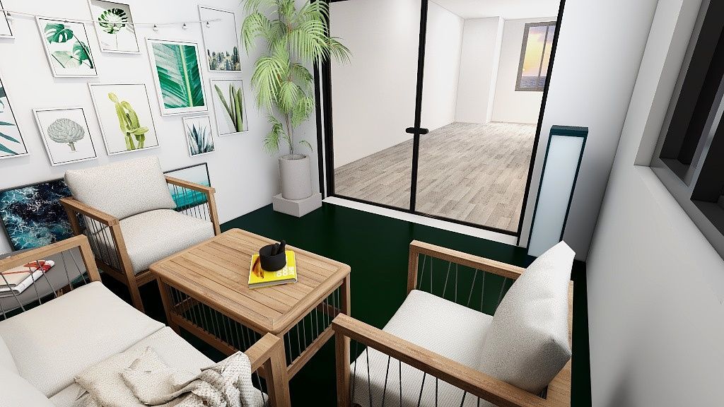 Una sala de estar con una mesa, sillas y una planta.