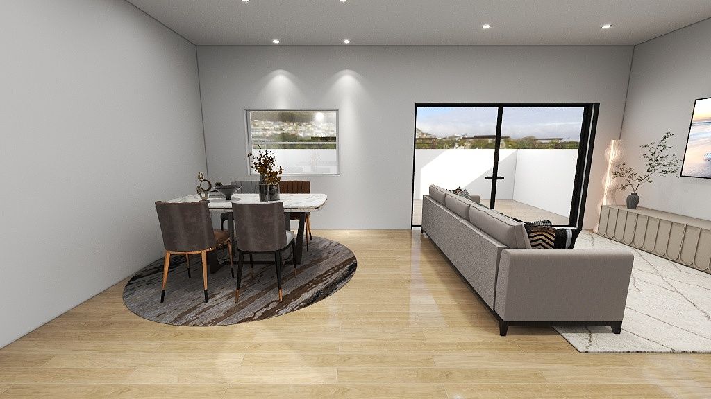 Una sala de estar con sofá, mesa de comedor y sillas.