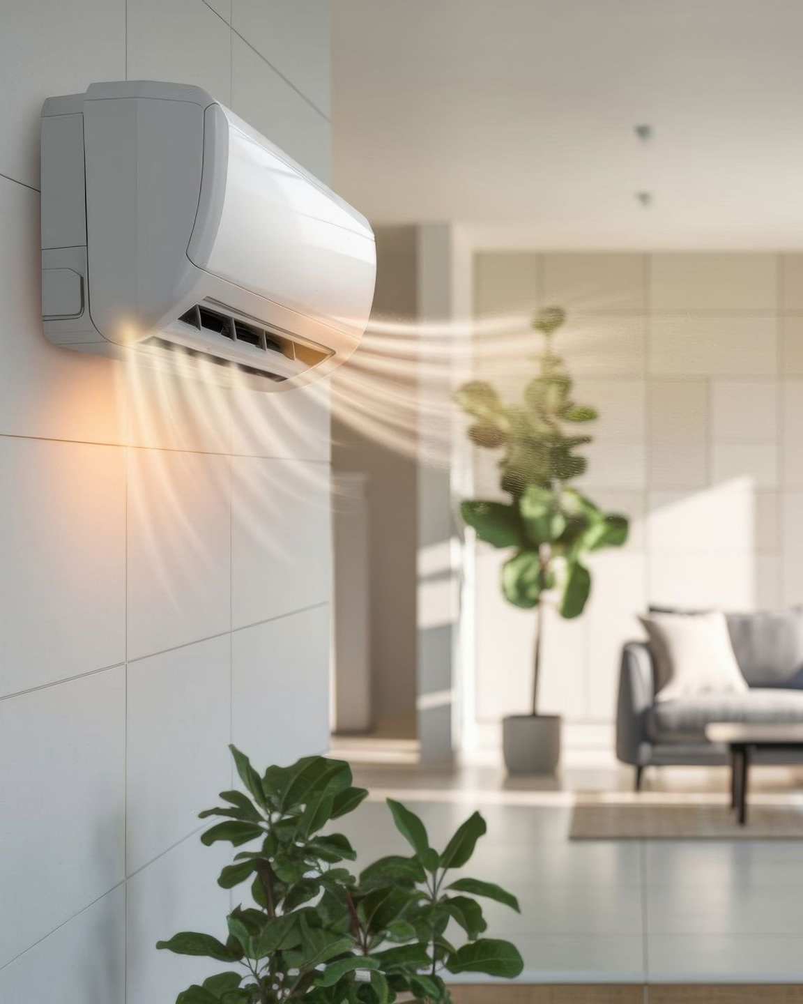 Un climatiseur souffle de l'air frais dans un salon moderne.
