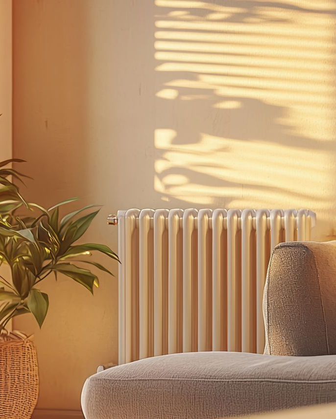 Un radiateur beige à côté d'un canapé gris et d'une plante en pot dans une pièce ensoleillée.