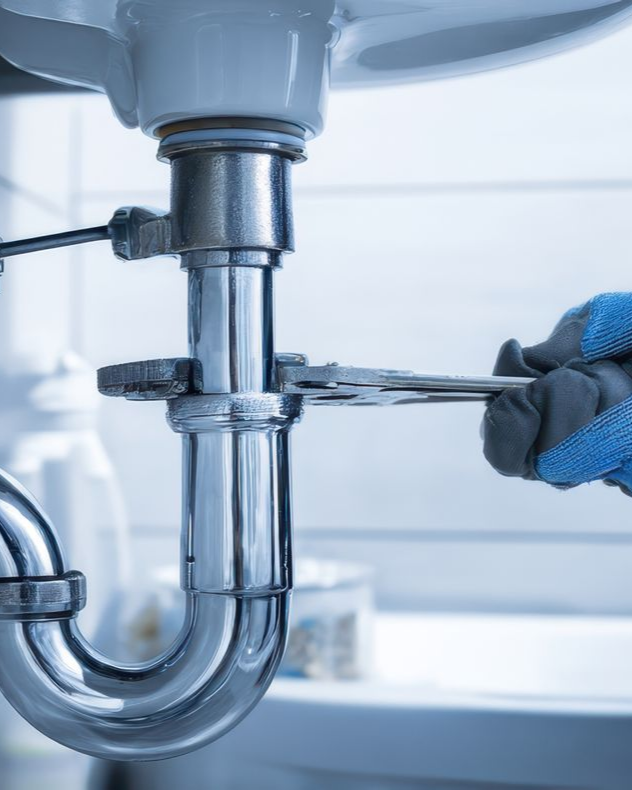 Un plombier utilise une clé sur un tuyau d'évacuation chromé d'évier, portant des gants bleus.