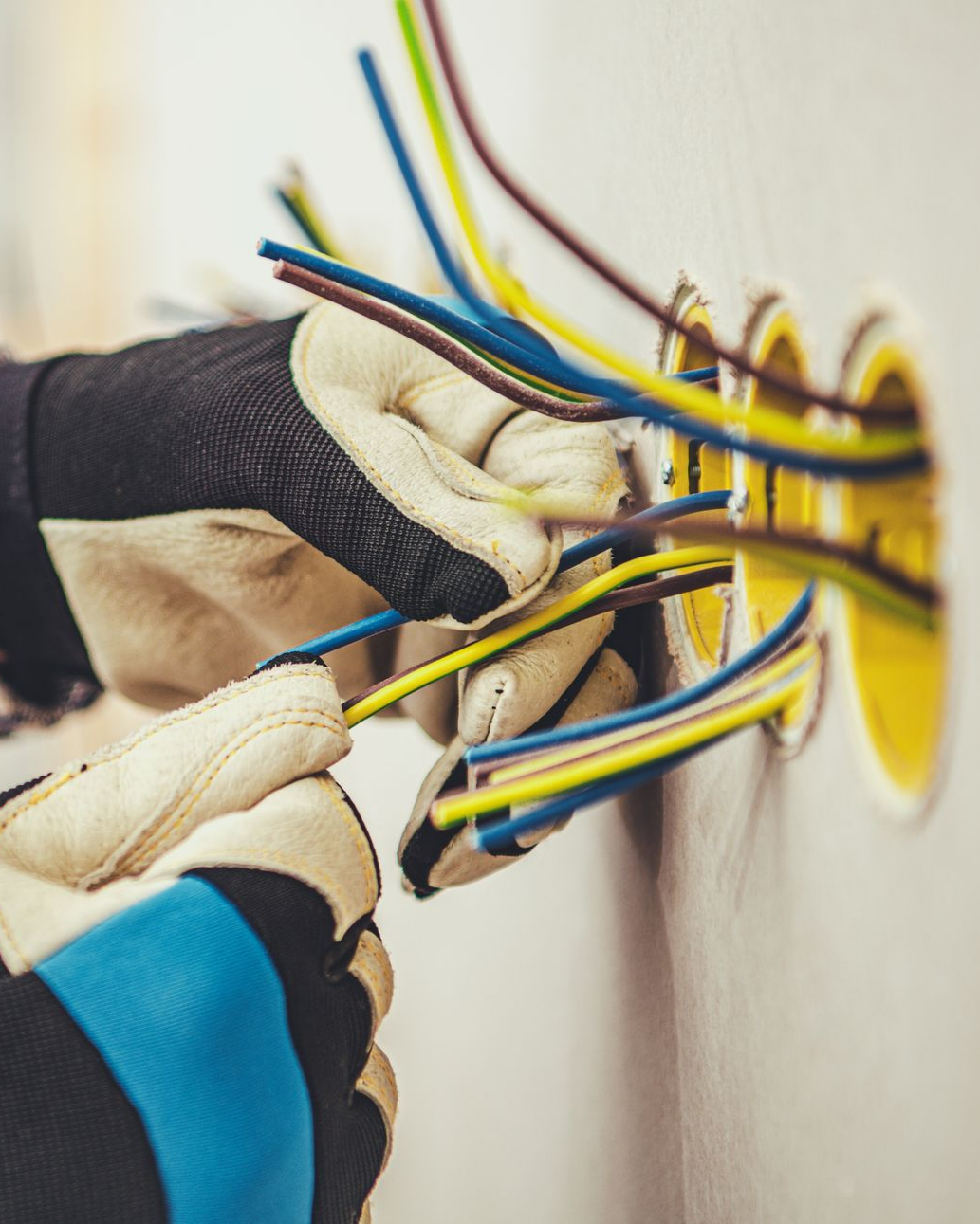 Un électricien portant des gants travaille sur des fils électriques dans un mur.