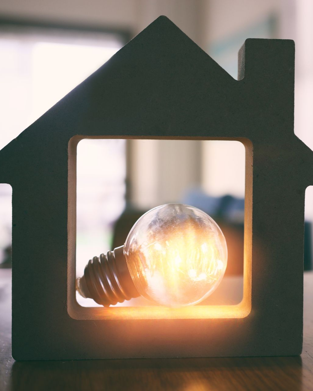 Cadre en bois en forme de maison avec une ampoule allumée à l'intérieur, d'une lumière orange éclatante.