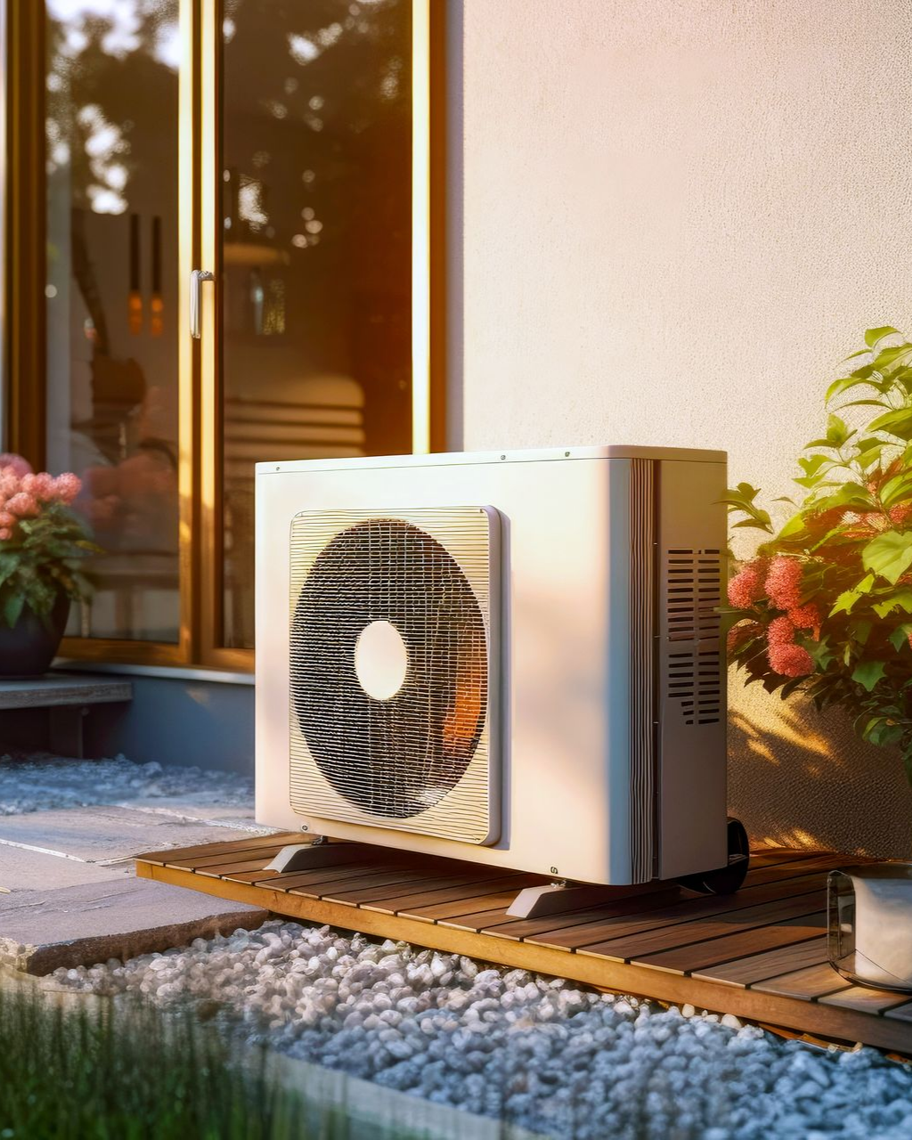 Unité de pompe à chaleur à côté d'une porte d'entrée, avec du gravier, des fleurs et du soleil.