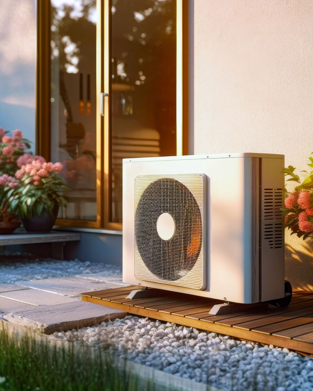 Unité de pompe à chaleur à côté d'une porte d'entrée, avec du gravier, des fleurs et du soleil.