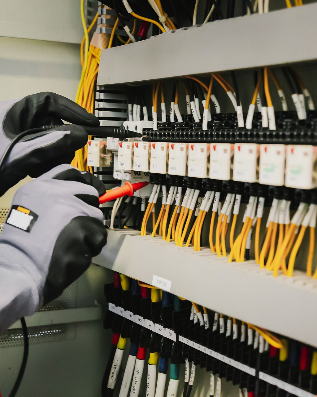 Une personne portant des gants de travail teste le câblage électrique d'un panneau à l'aide d'un multimètre.