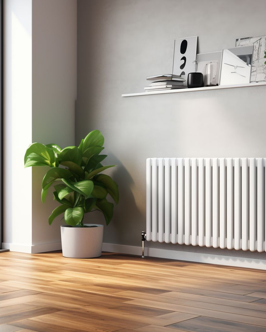 Un radiateur blanc sous une étagère décorative, à côté d'une plante verte en pot et d'une fenêtre.