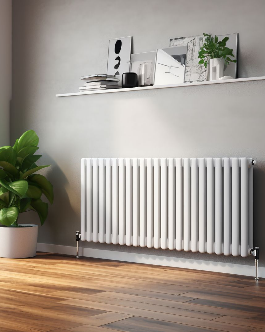 Radiateur blanc sous une étagère avec des plantes et des objets de décoration, dans une pièce avec parquet.