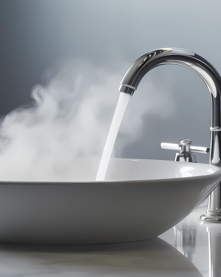 La vasque se remplit d'eau bouillante provenant d'un robinet argenté.