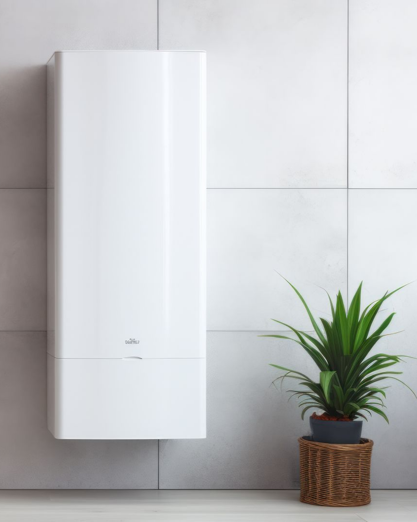 Chaudière murale blanche à côté d'une plante en pot contre un mur carrelé.